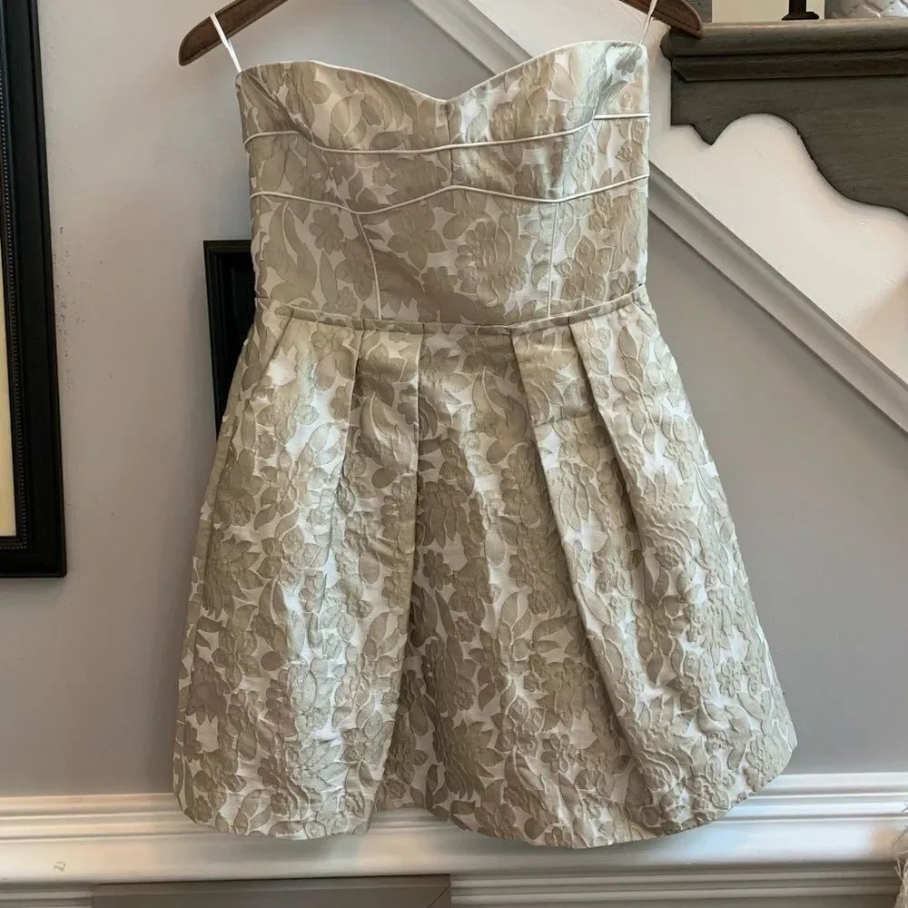 Cynthia Steffe Tan Floral Damask Strapless Dress 4
